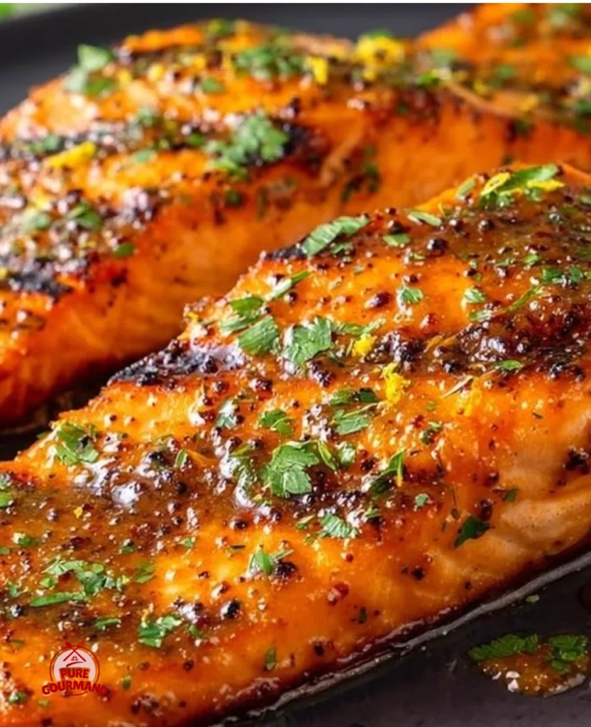 Grilled honey mustard salmon on a plate with vibrant vegetables