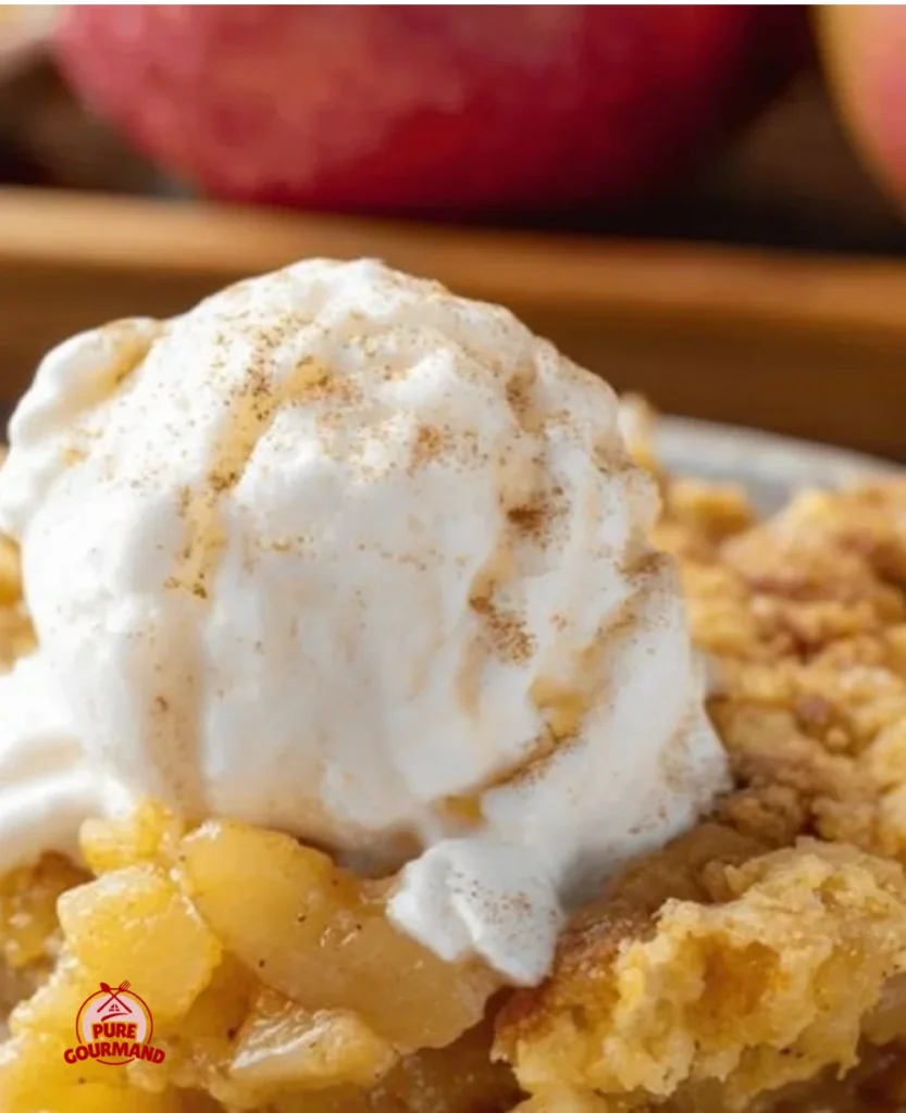 3-Ingredient Apple Dump Cake served in a dish with apples and cake topping