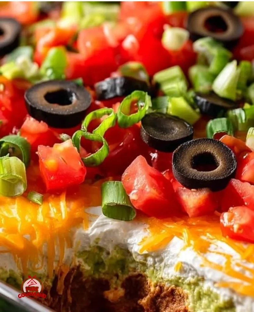 Delicious 7 Layer Dip arranged in a serving dish, perfect for gatherings.