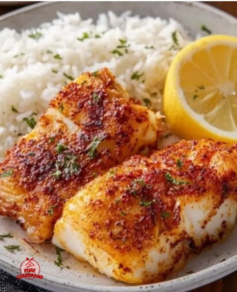 Air fryer cod fillets garnished with herbs and spices