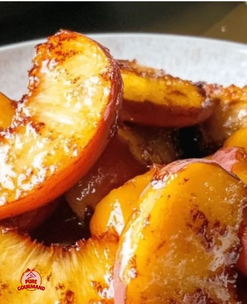 Air fried peaches with cinnamon and honey in an air fryer basket.