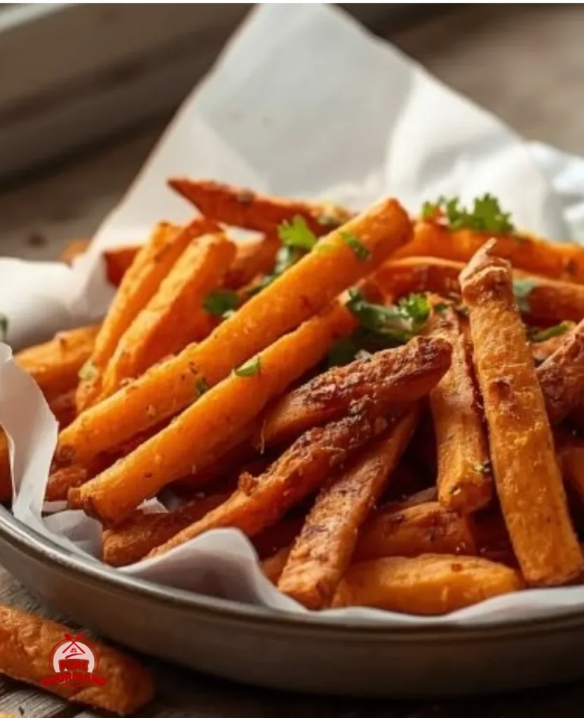 Delicious air fryer sweet potato fries served on a plate, crispy and golden.