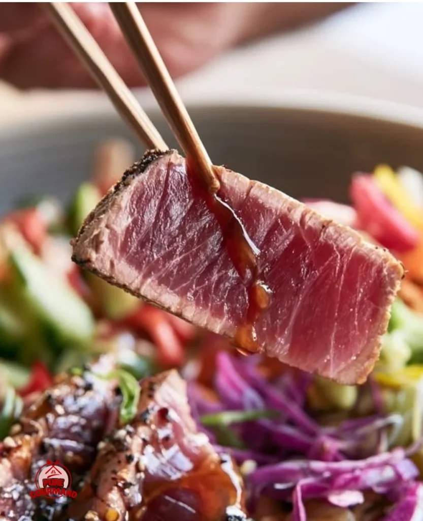 Albacore Tuna Tataki Bowl with seared tuna, rice, and fresh vegetables