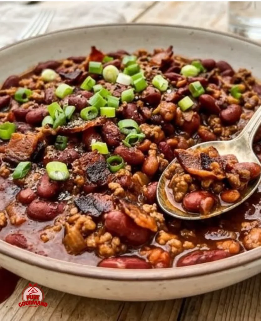 Delicious Bacon and Bean Casserole served in a rustic dish