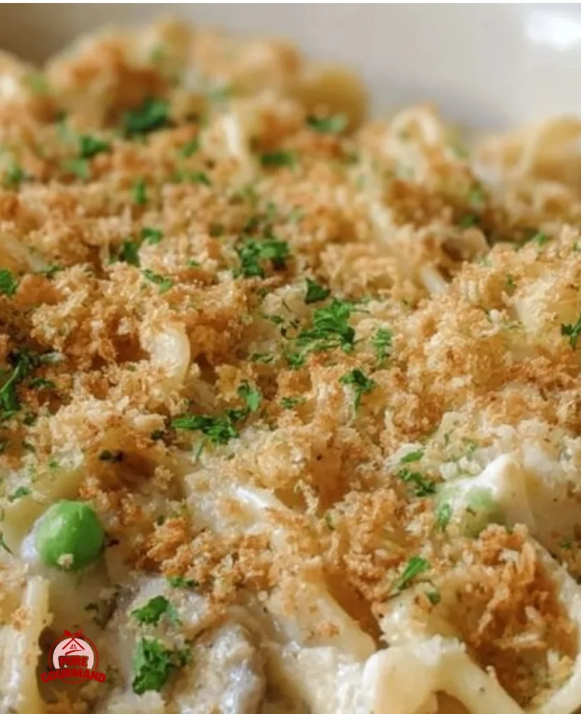 Baked Turkey Tetrazzini served in a dish topped with breadcrumbs and cheese