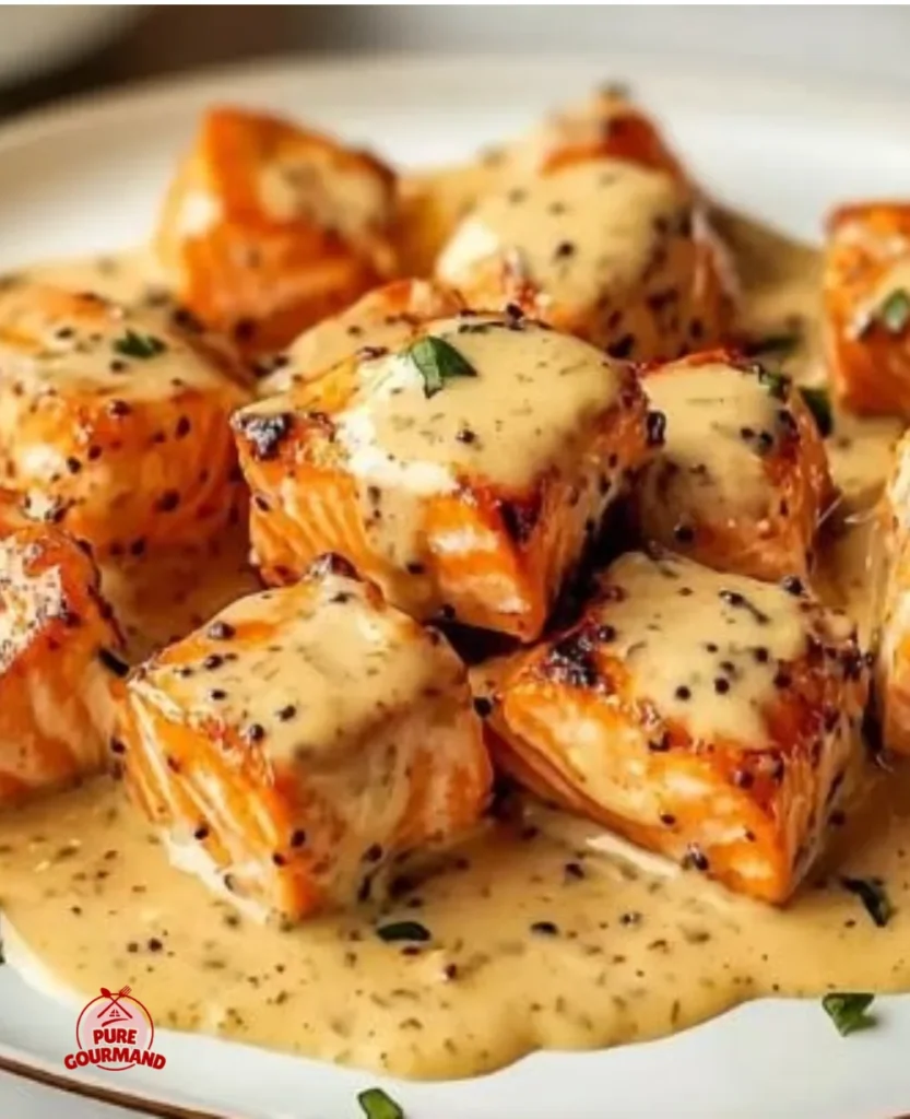 Crispy Bang Bang salmon bites served with a creamy sauce on a plate