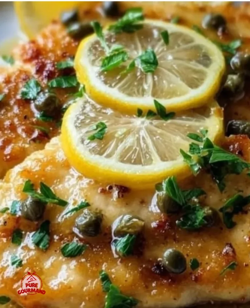 Plate of Barefoot Contessa Chicken Piccata garnished with lemon and capers