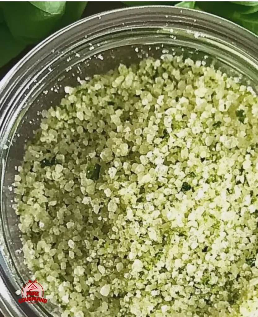 Basil Salt seasoning in a decorative bowl with fresh basil leaves.