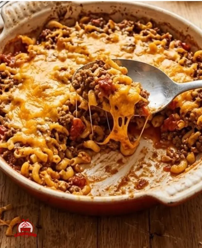 Delicious homemade Beef and Cheese Casserole served in a baking dish