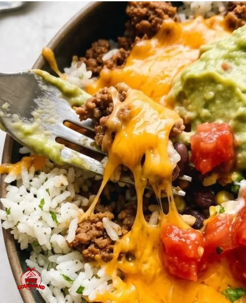 Delicious beef burrito bowl with fresh toppings and ingredients