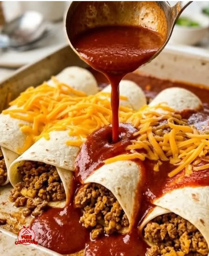 Delicious beef enchiladas topped with cheese and fresh toppings on a plate.