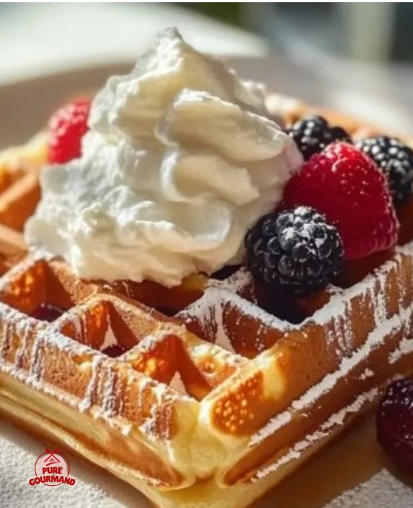 Delicious golden Belgian waffles topped with fresh berries and whipped cream