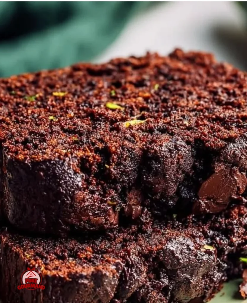 Deliciously moist chocolate zucchini banana bread on a wooden table.