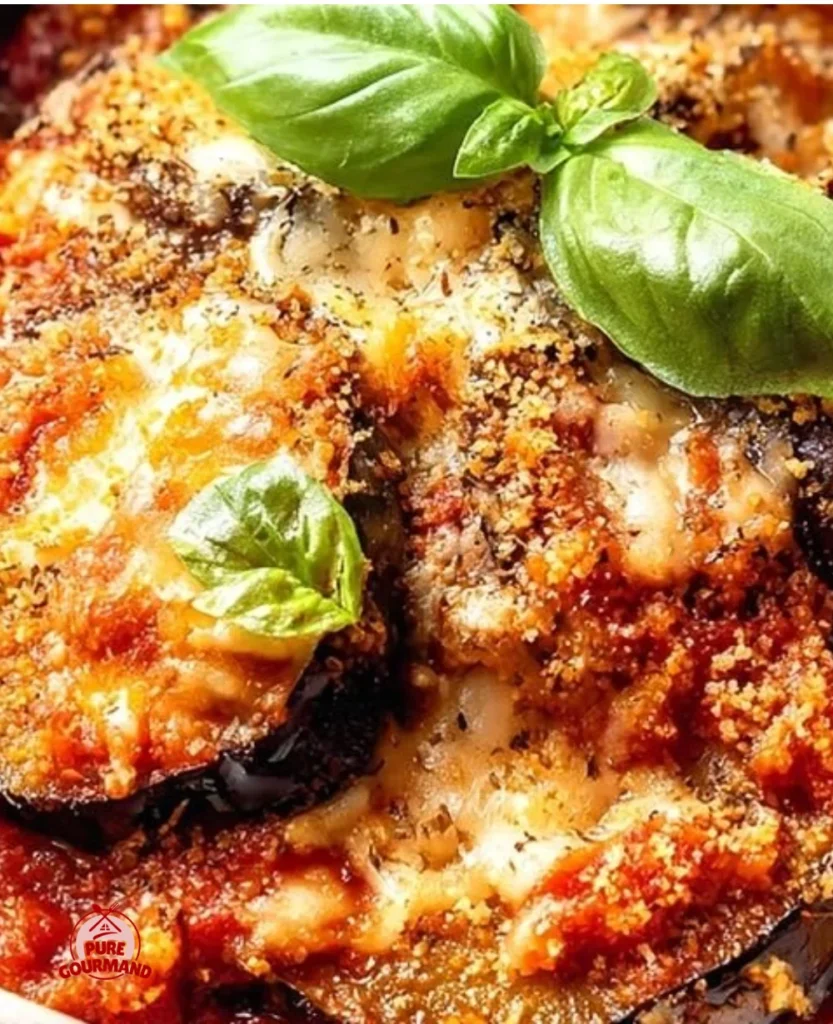 Delicious eggplant bake topped with cheese and fresh herbs