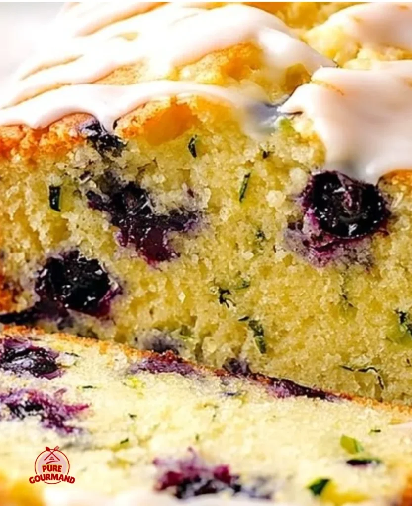 Delicious lemon blueberry zucchini bread sliced on a wooden cutting board.