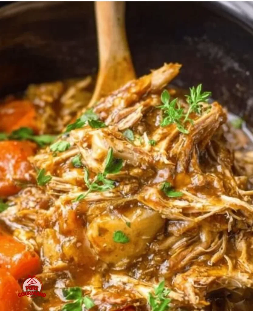 Thanksgiving crockpot chicken pot roast served in a rustic dish