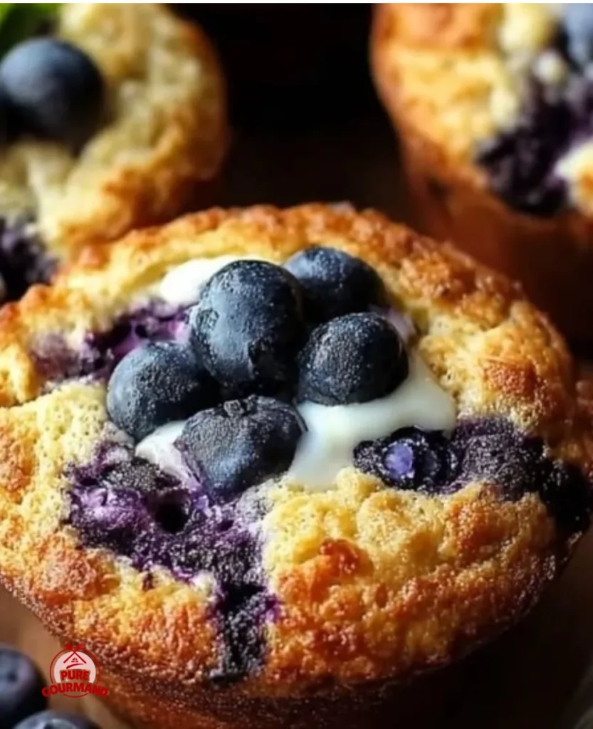 Blueberry cottage cheese muffins fresh out of the oven, perfect morning treat.
