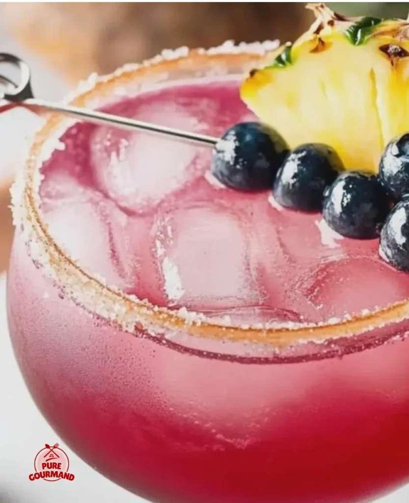 Delicious Blueberry Pineapple Margarita garnished with fresh fruit