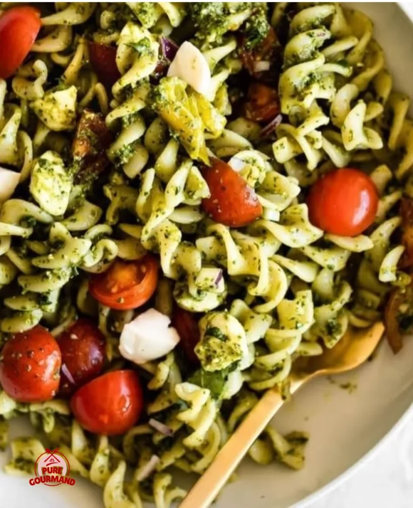 Bright Basil Pesto Pasta Salad with fresh ingredients and vibrant green colors.