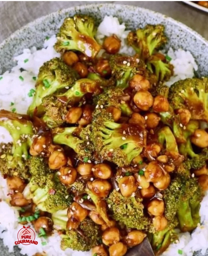 Bright and crunchy broccoli stir-fry with chickpeas served in a bowl.