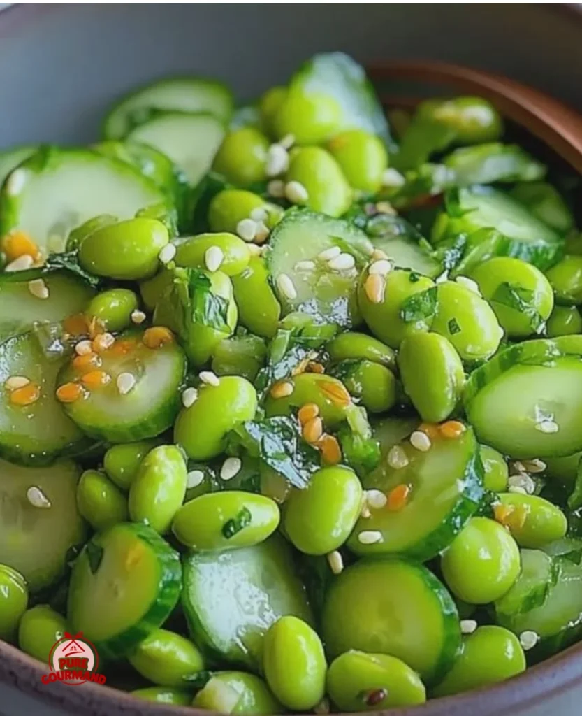 Cucumber edamame salad with vibrant vegetables in a bowl