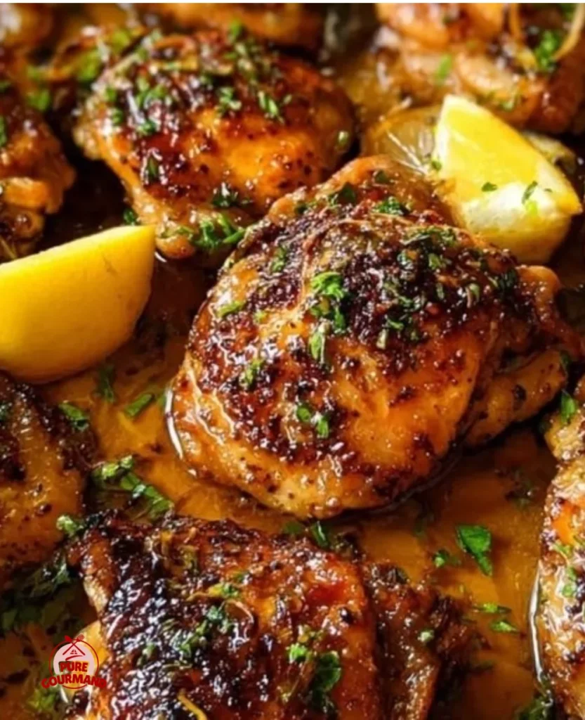 Crispy honey lemon pepper chicken thighs served with a fresh garnish
