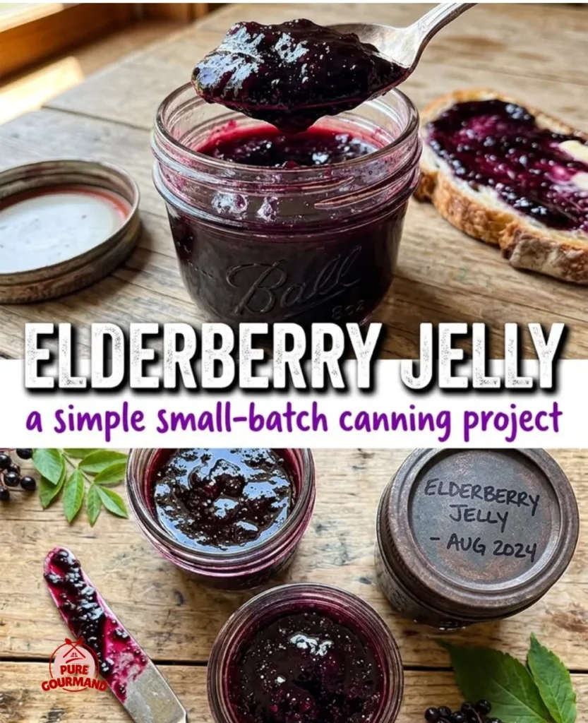 Bright morning toasts with homemade elderberry jelly spread on bread.
