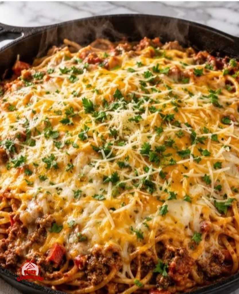 Cajun Beef Spaghetti topped with a creamy three-cheese Parmesan sauce