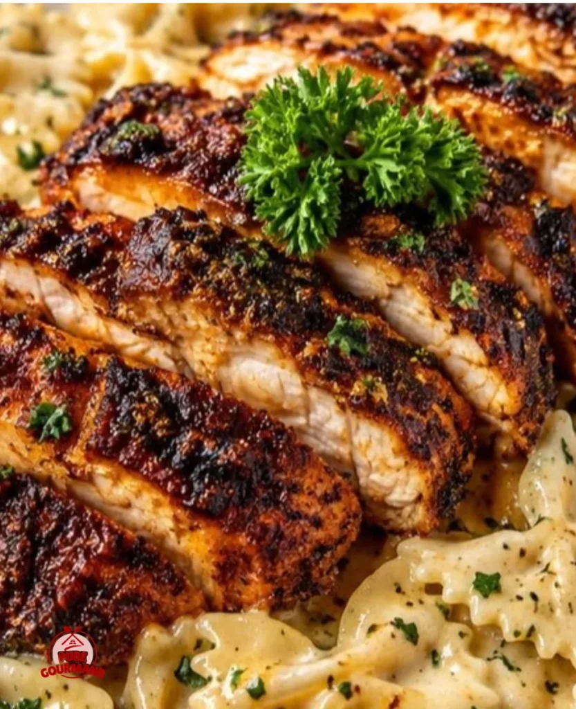 Cajun Chicken served on a plate with Bowtie Pasta and fresh herbs