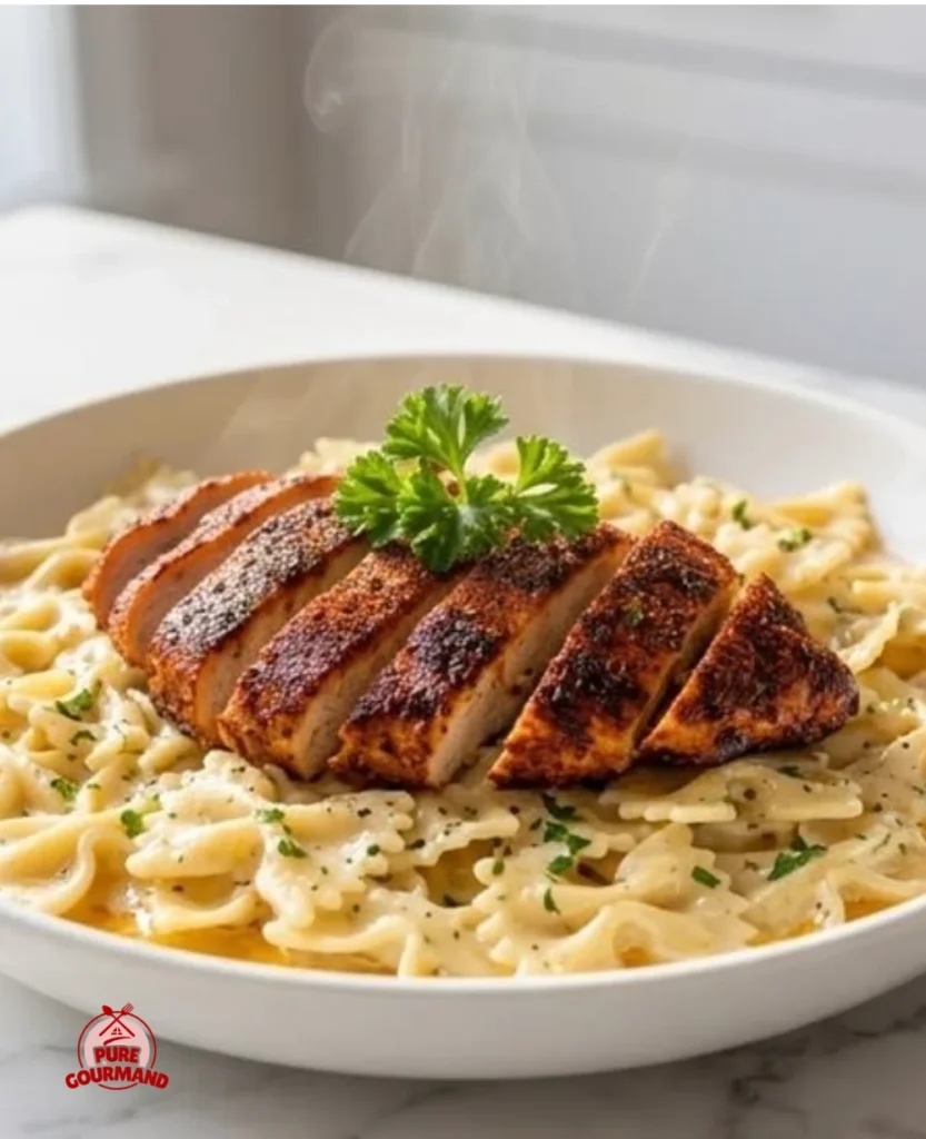 Cajun Chicken with Bowtie Pasta served in a creamy sauce on a dinner plate
