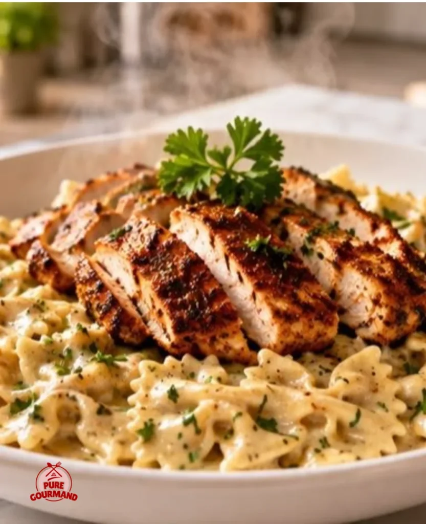 Cajun Chicken with Bowtie Pasta in creamy garlic cheese sauce