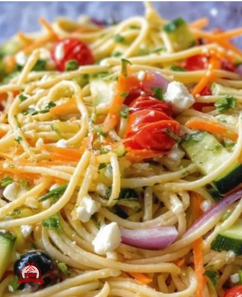 A colorful bowl of California-style spaghetti salad with vegetables.