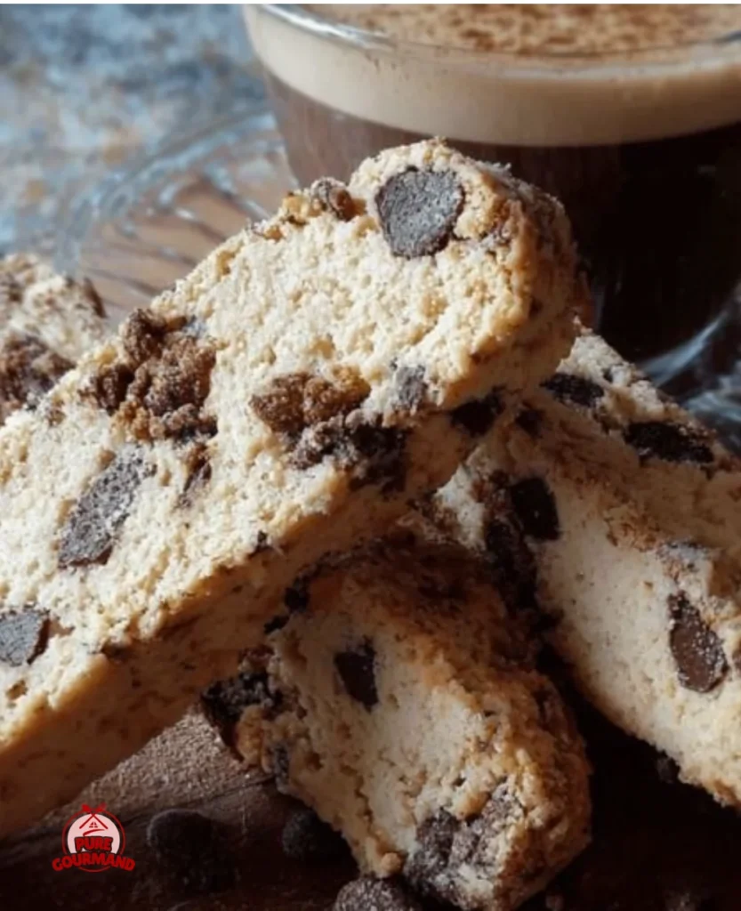 Cappuccino biscotti served with a steaming cup of coffee on a rustic table.