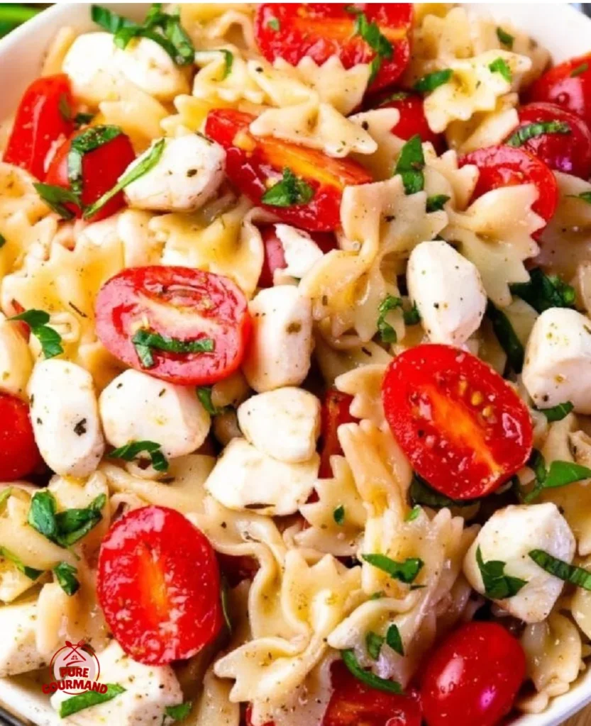 Delicious Caprese Pasta Salad with tomatoes, mozzarella, and fresh basil.