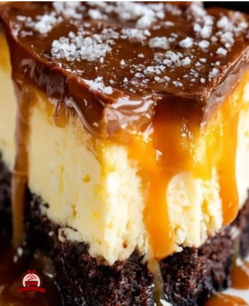 Delicious Caramel Brownie Cheesecake with chocolatey layers and caramel drizzle