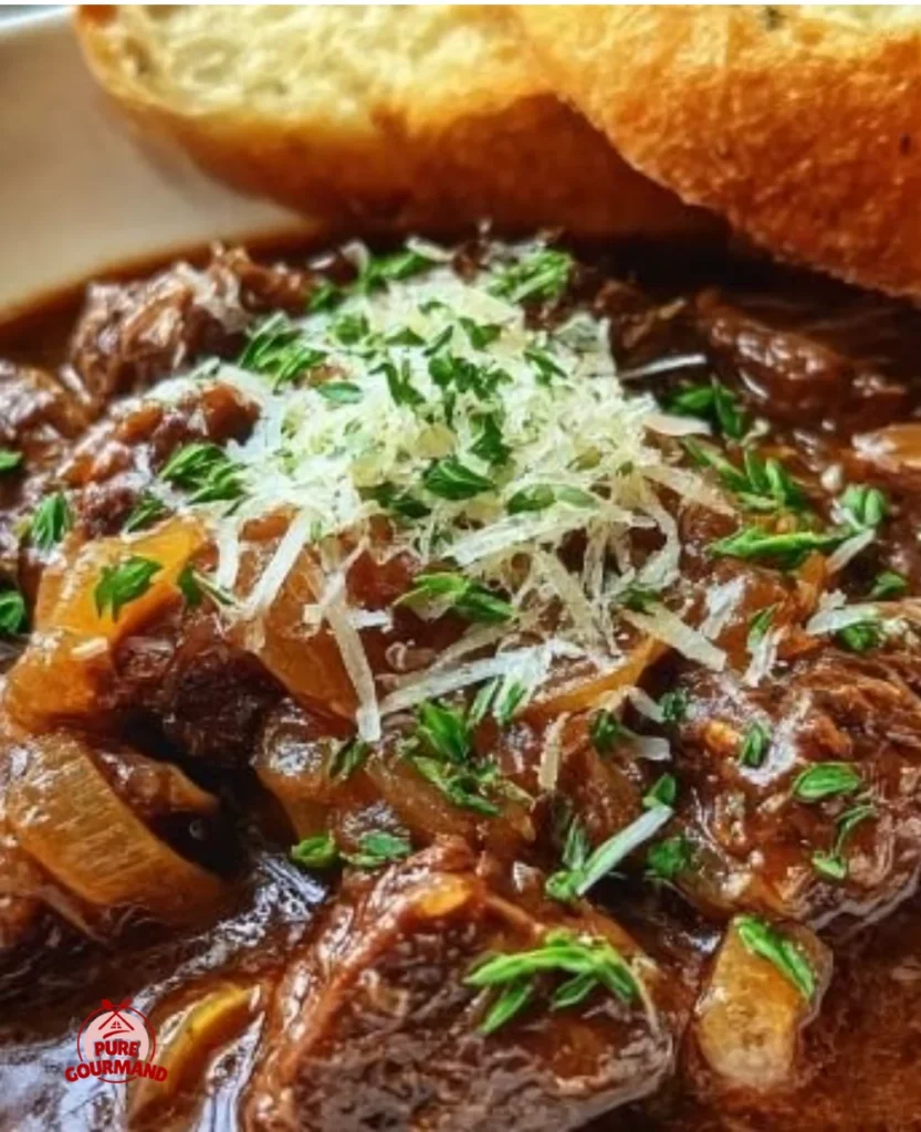 Delicious French onion beef stew with caramelized onions and tender beef