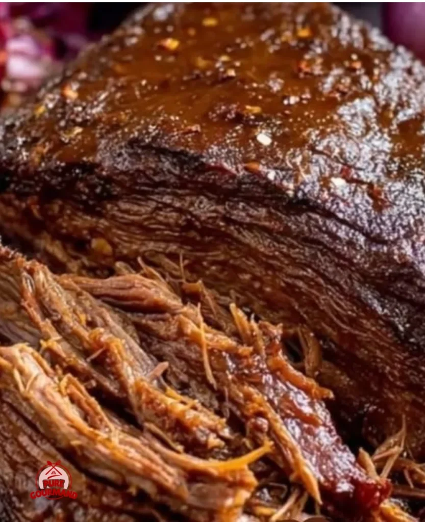 Delicious caramelized pulled beef brisket served on a platter
