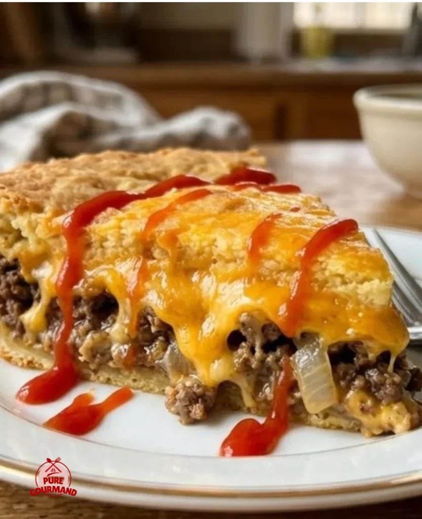 Delicious Cheeseburger Pie fresh out of the oven, served in a cozy home setting.