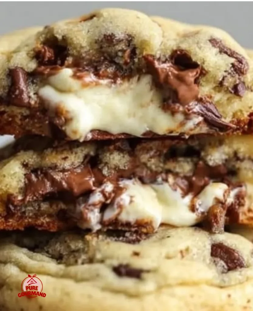 Delicious cheesecake-stuffed chocolate chip cookies on a plate.