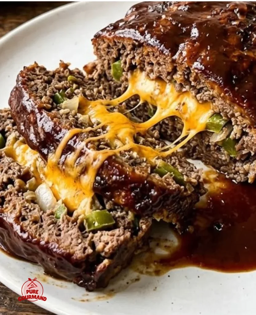 Delicious Cheesesteak Meatloaf served with cheese and peppers