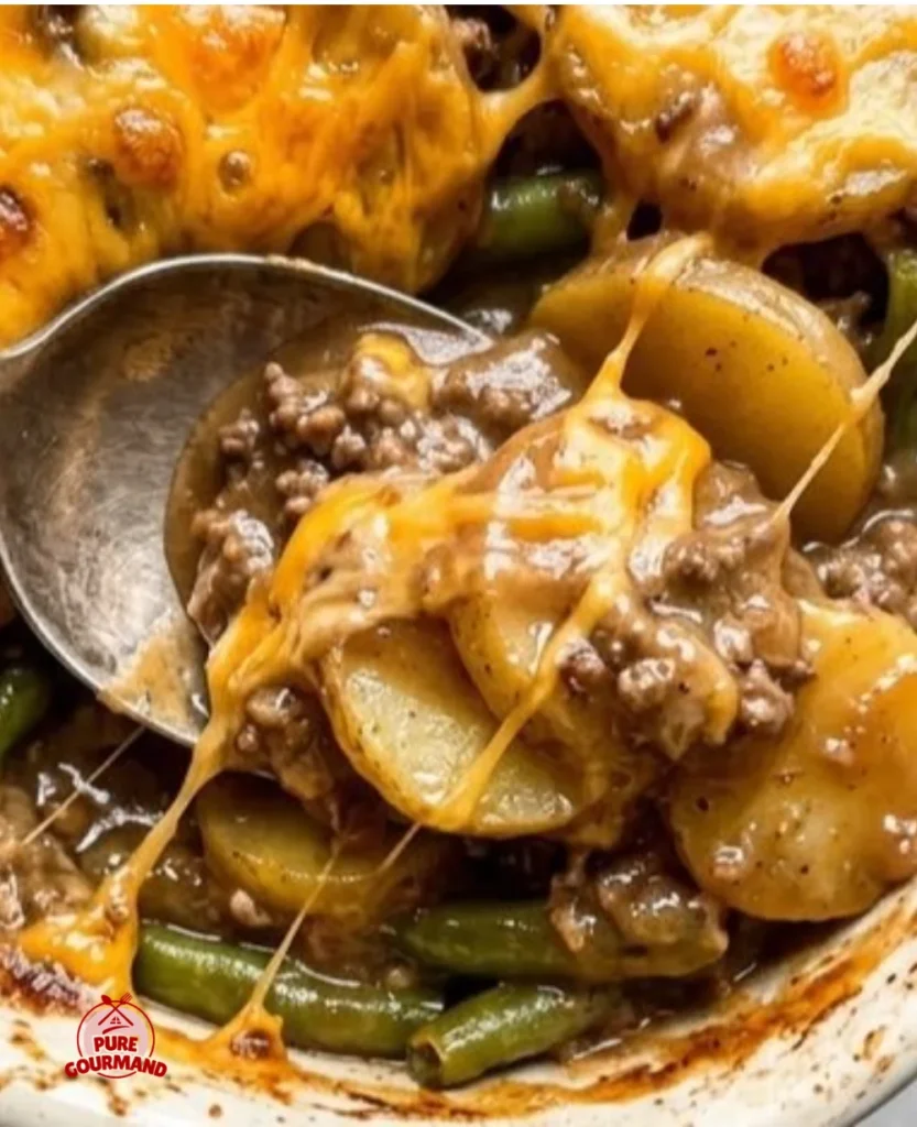 Cheesy beef and potato casserole baked to perfection, topped with melted cheese.