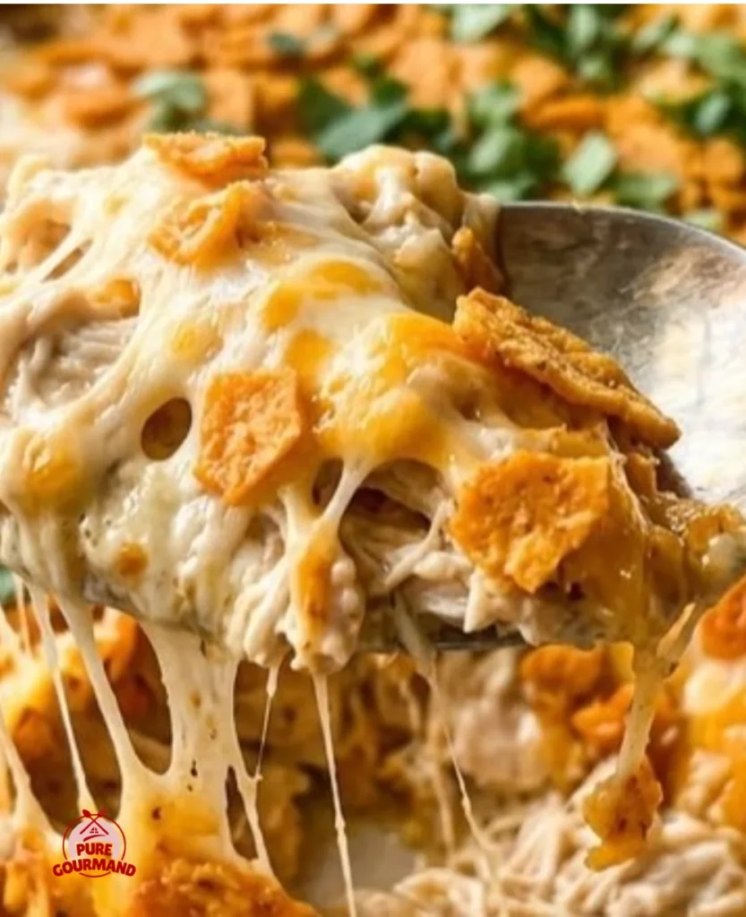 Cheesy Doritos Chicken Casserole topped with crunchy Doritos and melted cheese