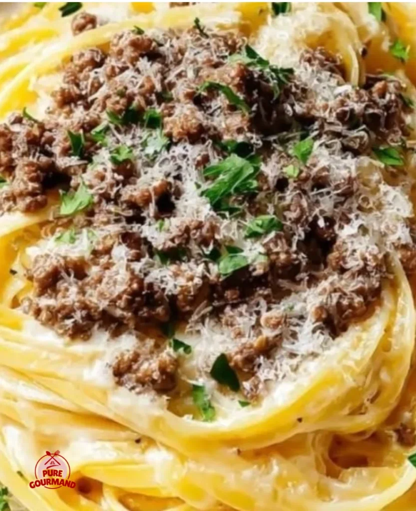 Delicious cheesy garlic butter linguine with ground beef served in a bowl
