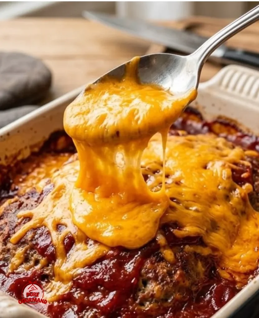 Cheesy meatloaf casserole topped with melted cheese and herbs in a baking dish.
