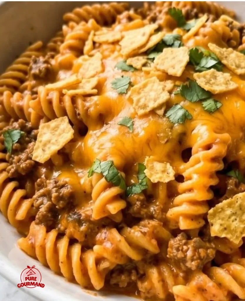 Delicious cheesy taco pasta skillet dish served in a pan