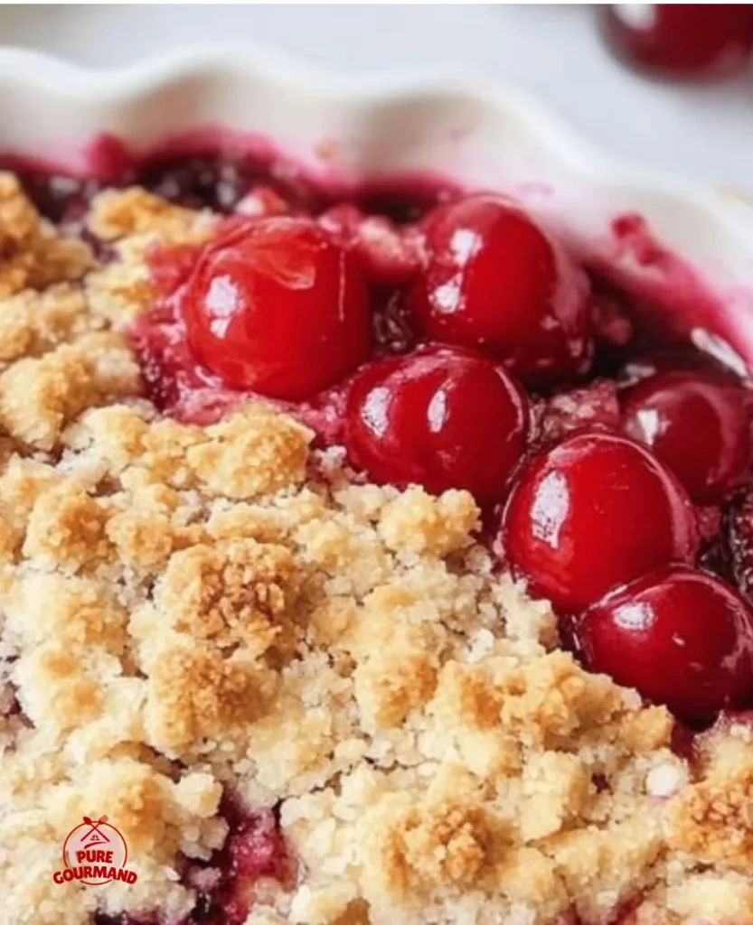 Freshly baked Cherry Crumble dessert with a crunchy topping on a plate.