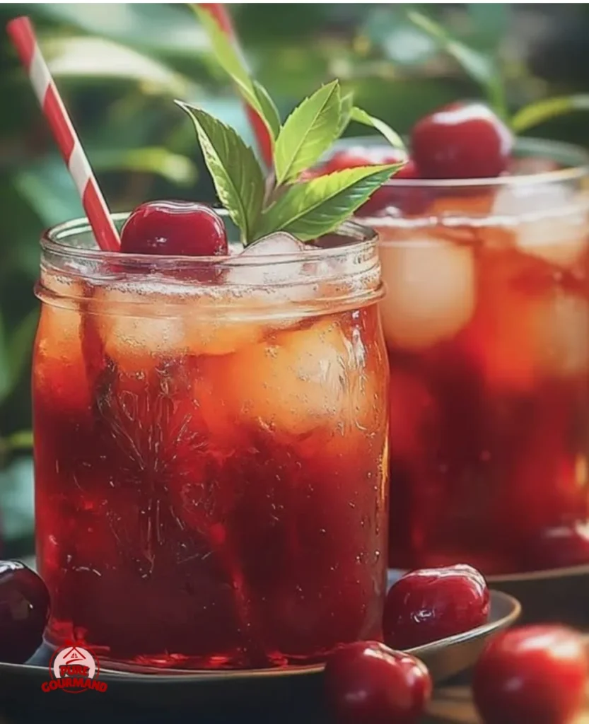 A refreshing glass of Cherry Ginger Iced Tea garnished with cherries and ginger slices.