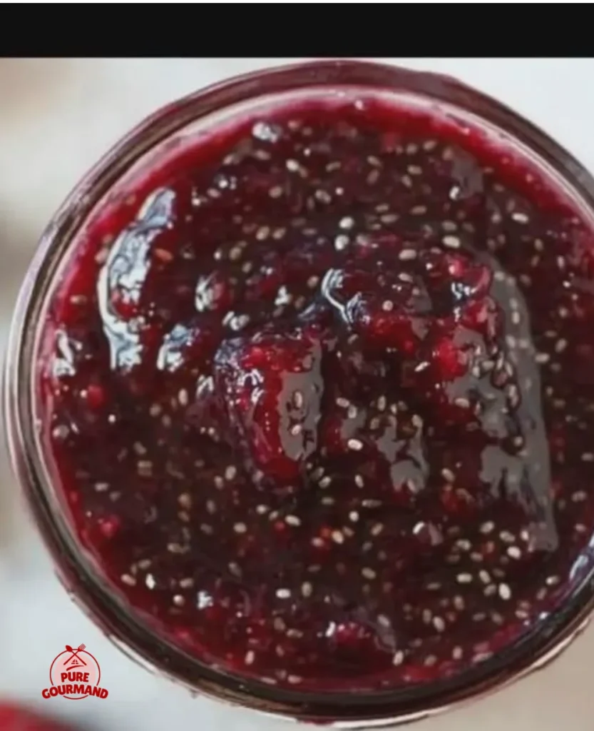 Delicious homemade chia seed jam in a jar with fresh fruit and bread.