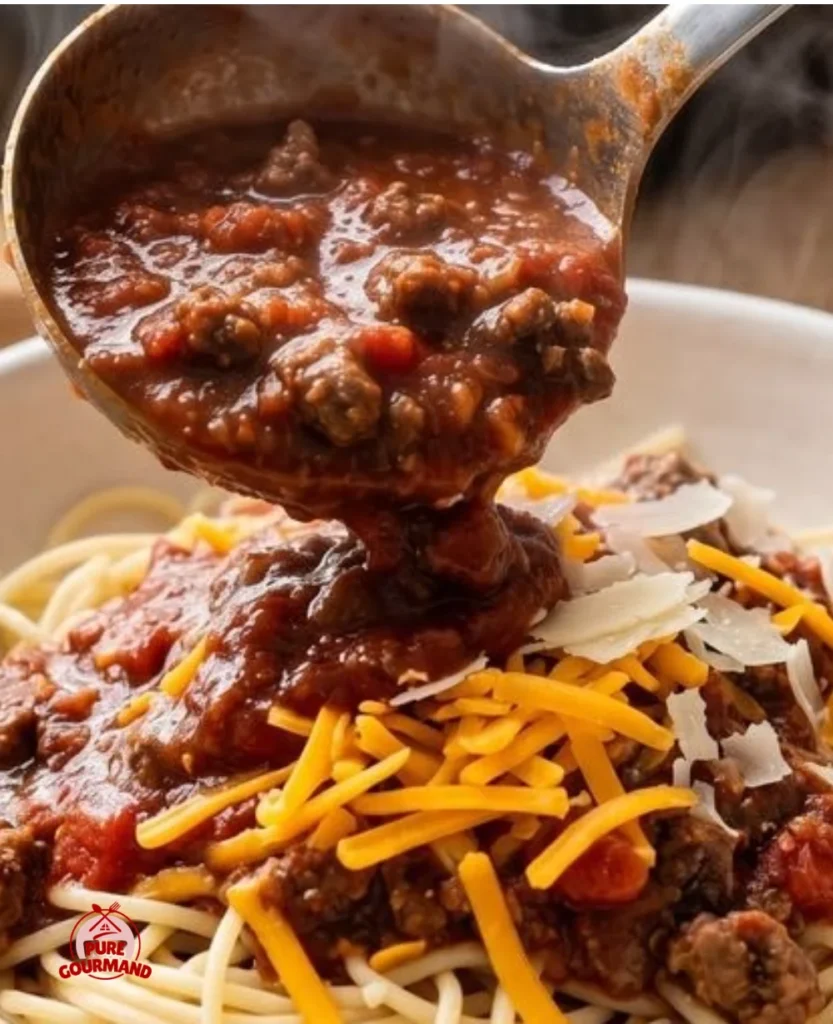 A plate of Chicago Style Spaghetti served with fresh herbs and cheese