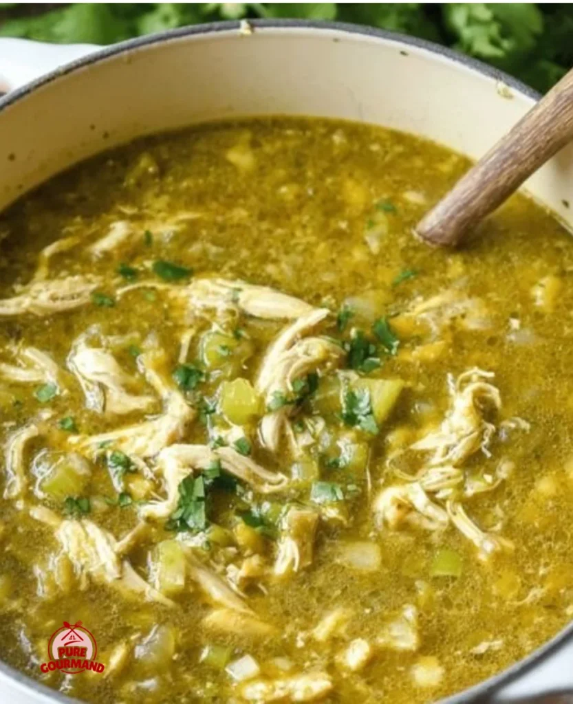 Bowl of Chicken Chili Verde garnished with fresh cilantro and jalapeños